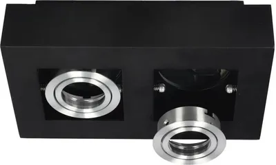 A black square ceiling light fixture with two silver rings for light bulbs.