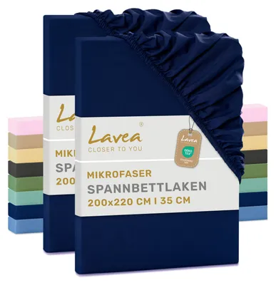 Produktbild von Lavea® Spannbettlaken 200x220 cm aus Mikrofaser, Bettlaken mit Rundumgummi, für Matratzen bis 35 cm, atmungsaktiv und kühlend, pflegeleicht, Spannbetttücher, 2er Set, Navyblau