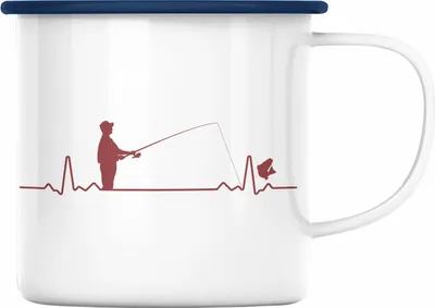 Produktbild von Trendation - Angler Emaille Tasse Geschenk Männer Grafik Herzschlag Lustig für Fischer Geschenkidee Angeln Fischen (Blau)
