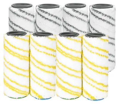 A set of eight roller heads for a Kärcher floor cleaner, with four gray and four yellow striped rollers.