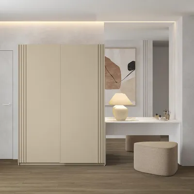 Produktbild von Schlafzimmer Schwebetürenschrank 150 cm breit mit Lamellen in Beige - NOIDA-83