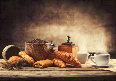 Produktbild von Wallario Poster - Französisches Frühstück mit Café und Croissants, Kunstdruck Größe: 70 x 100 cm