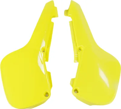 Image de Carénage latéral UFO PLAST, en deux parties, pour Kawasaki KX 60 cm³, années 1984 à 2003, couleur : jaune clair, OEM 01-26