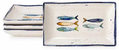 Produktbild von Teller, mediterran mit Sardinen-Motiv | Maritime Servierplatte 25×15cm