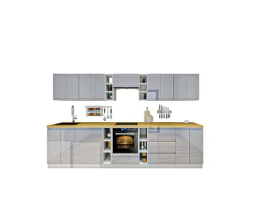 Produktbild von Küchenzeile 340 cm ohne Arbeitsplatte Einbauküche Küchenblock Küche , Aspen KA14-M340, Grau/Hochglanz