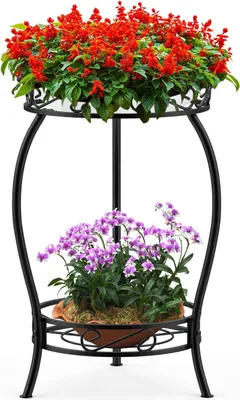 Obrázok produktu pre Kovový stojan na rastliny, 48 cm, stojan na rastliny, 2-úrovňový držiak na kvetináče do interiéru a exteriéru, čierny
