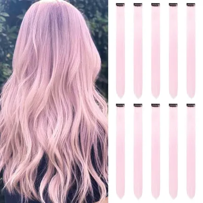Image de 10 clips d'extension de cheveux, longueur 55 cm, lisses, couleur rose, fibre synthétique résistante à la chaleur