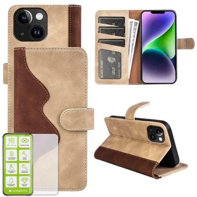 Productafbeelding van Voor Apple iPhone 15: Bruine telefoonhoesje, kunstleer, hoesje + H9 hardglas