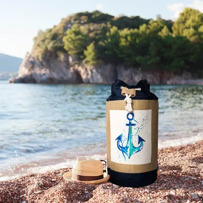 Obrázek produktu pro Anemoss Marine Collection jutová dámská taška z juty na pláž/bazén, vak se šňůrkou, crossbody, přední kapsa, kotva, modrá.