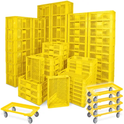 Produktbild von 78 Stück Stapelkörbe/Bäckerkästen in 5 Größen, Grundmaß LxB 600 x 400 mm, H 90 mm, 150 mm, 240 mm, 320 mm, 410 mm, Farbe gelb + 5x Transportroller, gelb