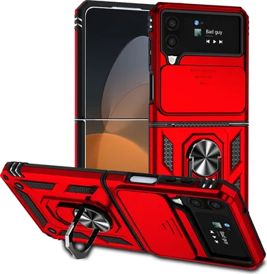 A red phone case with a ring holder and camera cover is displayed from multiple angles against a white background.