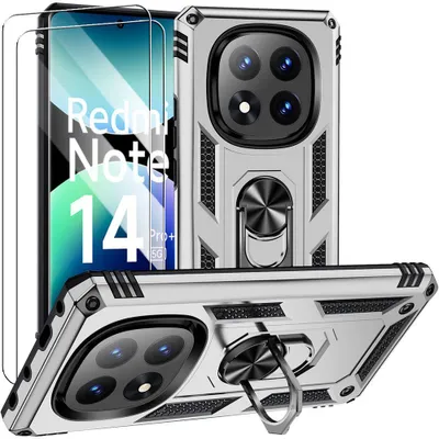 Image de Coque pour Xiaomi Redmi Note 14 Pro Plus 5G/Note 14 Pro+ 5G, Antichoc Rigide avec Anneau - Argenté + 2 Verres Trempés