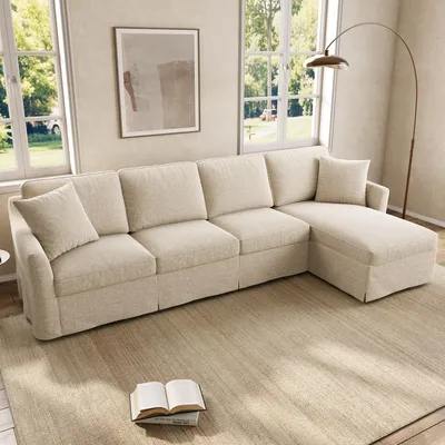 Produktbild von MODFU Ecksofa L-Form 4-Sitzer Sofa mit Stauraum-Chaiselongue, Big Sofa aus Baumwolle-Leinen Bezüge, Relaxsofa Beige, 274 × 128,5 × 83 cm