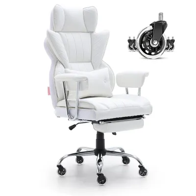 Zdjęcie produktu dla "Krzesło biurowe imitacja skóry biała - Krzesło Executive z podnóżkiem - Krzesło obrotowe do biurka - Regulacja wysokości 0-80 mm - Udźwig 181,43 kg - Krzesło biurowe Executive - Krzesło obrotowe z oparciem 860 x 610 mm"
