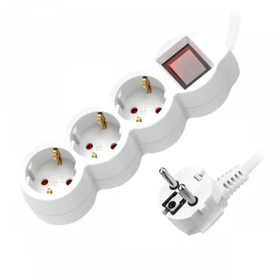 Obrázok produktu pre Predlžovací kábel 3-násobný 2P+Z (schuko), s vypínačom, 5m H05VV-F 3x1,0mm, Imax=10A, biely
