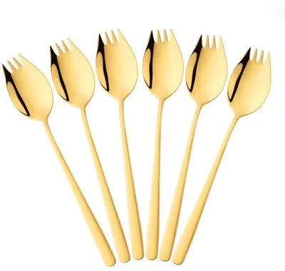 Immagine prodotto di Ibenzoa® Set di posate dorate "Spork" – 6 pezzi, 21,3 cm, acciaio inossidabile 18/10, posate versatili per insalate, zuppe di noodles e occasioni speciali
