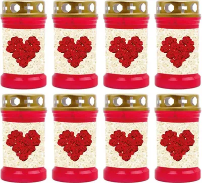 Produktbild von Grabkerze Rot 8er Pack, Brenndauer: 40 Stunden ( je Kerze ), Motiv: Rose Herz