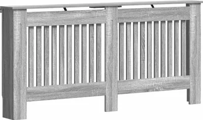 A radiator cover with a slatted front.