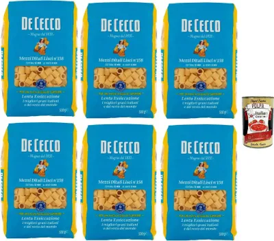 Produktbild von De Cecco Mezzi Ditali Lisci Nr. 158, Pasta 6 x 500 g, langsames Trocknen, hochwertiges Hartweizengrieß, 10 min kochen (al dente 8), ideal für Suppen & Minestrone + Italian Gourmet Polpa 400 g