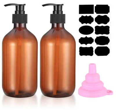 Produktbild von 2 x 500 ml nachfüllbare Shampooflaschen, Duschgelflaschen, leere nachfüllbare Pumpflaschen, Seifenspender aus Kunststoff für Lotionen und Shampoos, mit Trichter und Etiketten (braun)