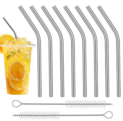 Immagine prodotto di Cannucce in acciaio inossidabile, 8 pezzi, riutilizzabili, piegate, 15,5 cm, con 2 spazzole per la pulizia