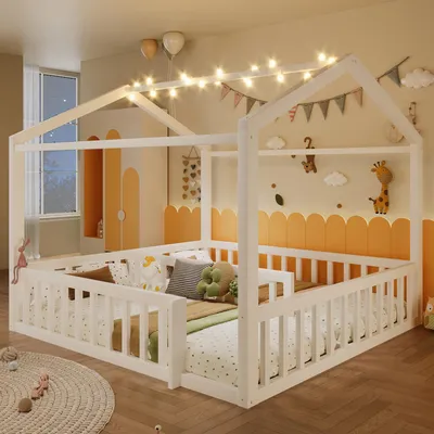Obrázok produktu pre Detská posteľ Flieks v tvare domčeka 90/180 x 190 cm s LED osvetlením, drevená posteľ s ochrannou bočnicou a roštom, posteľ pre 2 deti, biela