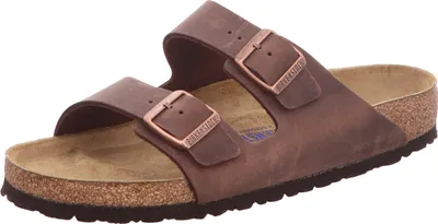 A pair of brown Birkenstock flip-flops on a white background.