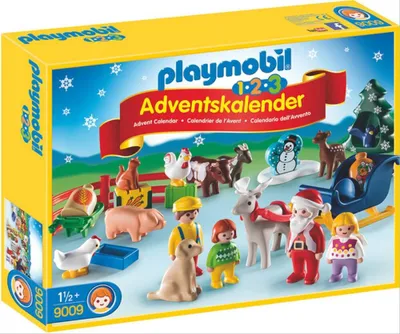 The image shows the front of a Playmobil 1.2.3 Advent Calendar box, depicting a farm scene with various animals and figures.