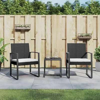 Productafbeelding van 3-delige tuinsets met kussens, zwart, van PP-rotan. Tuinmeubelset bestaande uit een tafel en 2 stoelen. Balkonmeubilair, zithoek, terrasmeubilair voor terras, tuin en balkon