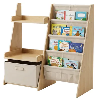 Produktbild von Relaxdays Bücherregal Kinder, 7 Stofftaschen, 2 Ablagen & Box, Standregal 3-in-1, HBT: 80x84,5x34,5 cm, MDF, weiß/natur