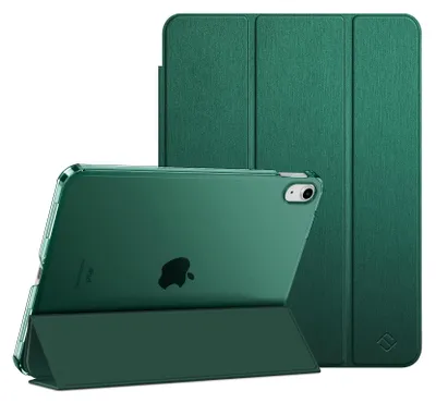 A green iPad case is shown in two configurations: one standing upright and the other lying flat with the iPad inside.