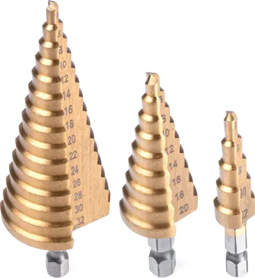 Three step drill bits of varying sizes are arranged diagonally on a white background.