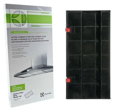 A product shot showing the packaging of a carbon filter for a cooker hood and the filter itself.