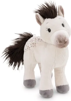A plush toy horse standing on a white background.