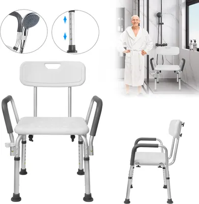 A collage of images showing a shower chair, a shower head, and a man in a bathrobe in a bathroom.