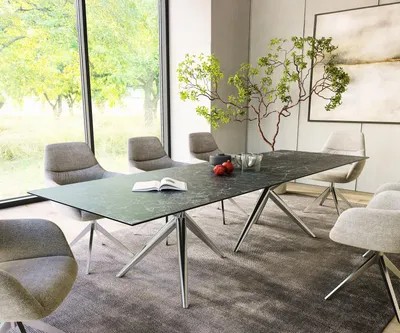 Produktbild von DELIFE Esstisch Edge 300x100 Keramik Laminam®Nero Greco Anthrazit Estelar rund Edelstahl