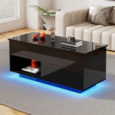 Image de OKWISH Table Basse Relevable avec LED Multicolores, 1 Tiroir, Design Moderne, Panneau de Particules, Noir - 100x50x55–70,5 cm