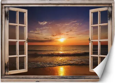 Produktbild von Vlies fototapete Blick aus dem Fenster Meeresstrand Sonnenuntergang 250x175 cm Feeby Orange inkl. Kleber einfache Montage