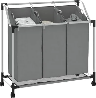 Image de vidaXL Panier à linge à roulettes, 3 compartiments, gris