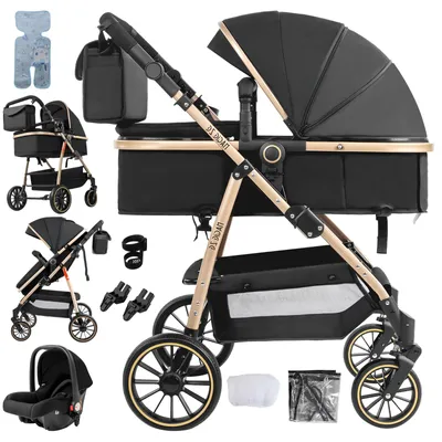 Productafbeelding van Babywagen, 3-in-1 design, compact opvouwbaar, V8-BLACKGOLD