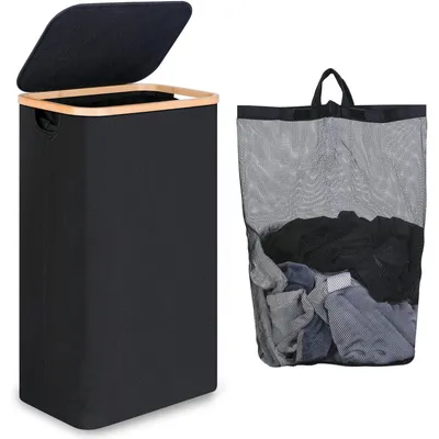 Productafbeelding van Wasmand met deksel, binnenzak, wasverzamelaar, 75 liter, zwart
