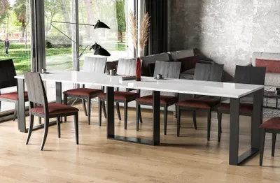 Image de Endo-Möbel Table de salle à manger extensible Borys Jusqu'à 130cm - 310cm piètement traîneau traîneau métal Kulissentisch (blanc brillant)