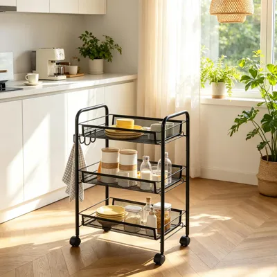 Produktbild von Dreistufiger Rollwagen, Netzkörbe, Haken, Aufbewahrungswagen, Küchenwagen