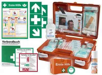 Produktbild von Verbandskoffer (K) Typ CS -Komplettpaket- Erste Hilfe nach aktueller DIN 13157 (Betriebe) INKL. Hygiene-Gel & Sprühpflaster + AUSHANG + AUFKLEBER
