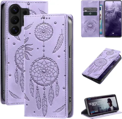 Produktbild von Handyhülle für Samsung Galaxy S26 Ultra RFID Schutz Klapphülle Case Cover Blumen Design Traumfänger Schutzhülle Farbe: Violett