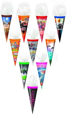 Produktbild von 10x Schultüte / Zuckertüte / 25cm / mit Tüllverschluß / 10 verschiedene Motive