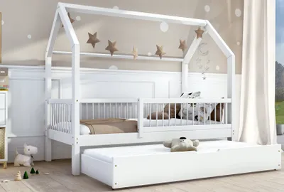 Produktbild von ZORI BIS2 Holzbett Kinderbett Hausbett 90x180 Weiß 100% Kieferholz Schutzgitter 2 Lattenroste Kiefer Schubkasten mit Schlaffunktion
