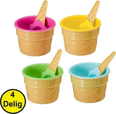 Immagine prodotto di Set da 4 pezzi per coppette di gelato: composto da 2 coppette per gelato e 2 cucchiai per gelato. Coppette per gelato, set di cucchiai per gelato, piatti per dessert