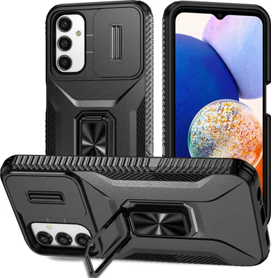 Produktbild von Handyhülle für Samsung Galaxy A14 5G 4G Dual Layer Hülle mit Schiebe Kamera Schutz und Ringhalter Ständer Schwarz