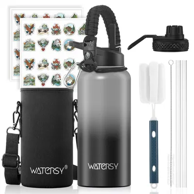 Produktbild von Isolierte Edelstahl Trinkflasche 946 ml Vakuum-Thermosflasche mit 2 Deckeln Hellgrau/Schwarz